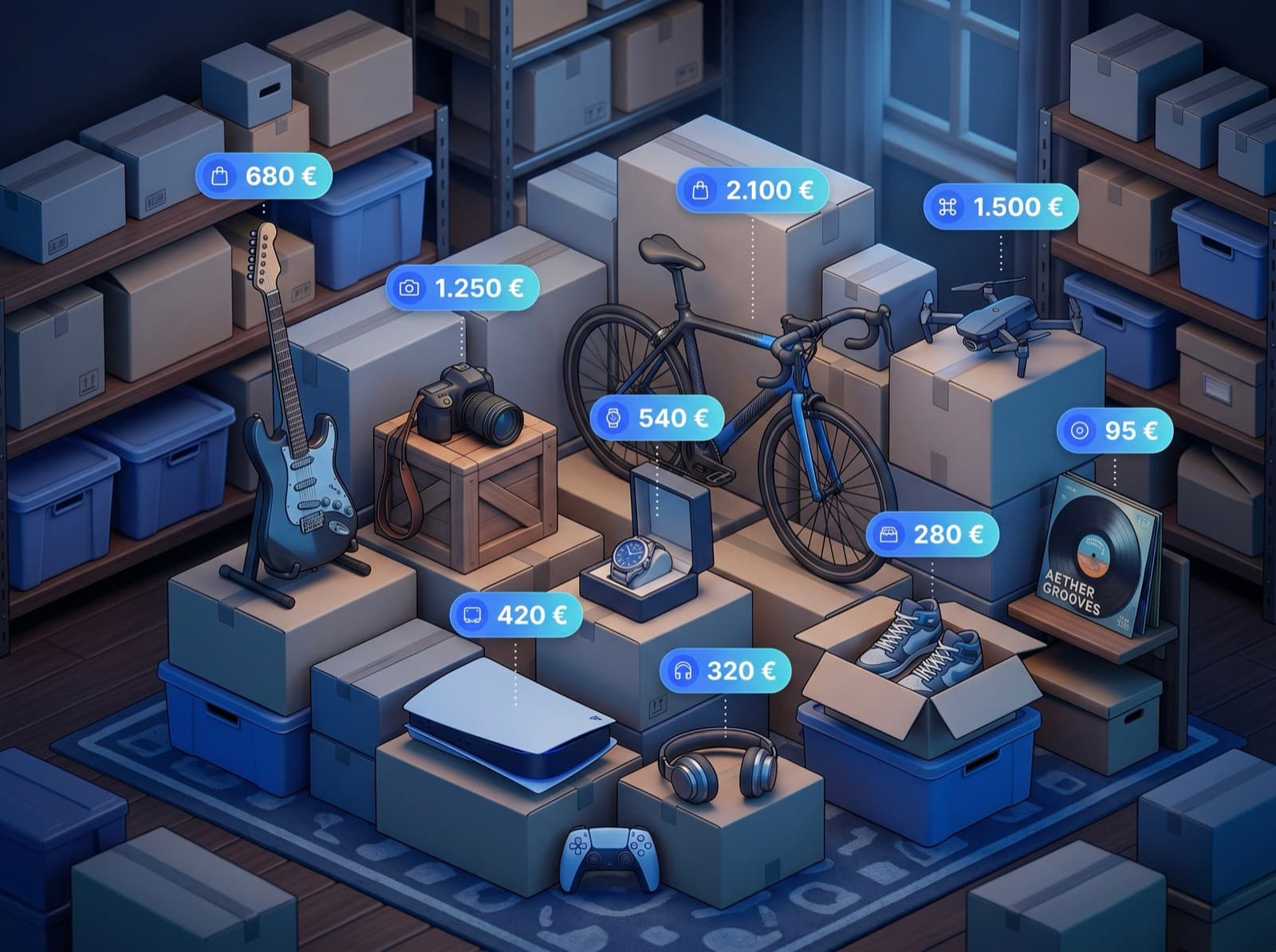 Trastero 3D con cajas y objetos de valor de distintos ámbitos —cámara, guitarra, bicicleta, reloj, consola, dron, zapatillas— cada uno con su etiqueta de precio
